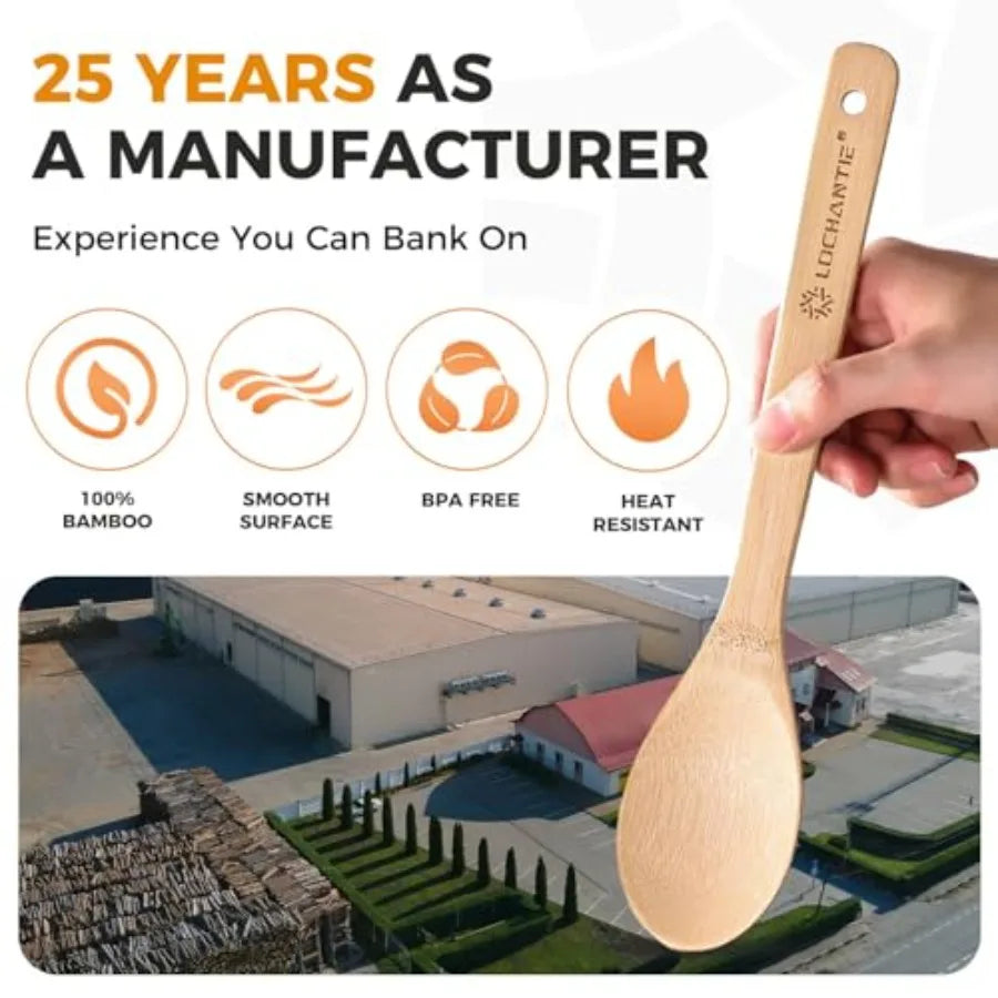 Wooden Spoons for Cooking Bamboo Utensils Set 6 Pieces - Essential Tools Wooden Spoons and Spatula for Everyday Stirring, Mixin