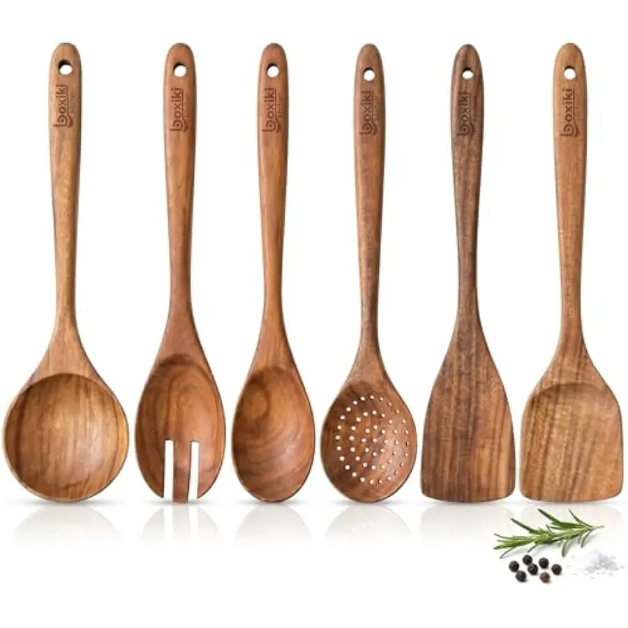 Boxiki Kitchen Luxury Teak Wood Utensil Set - Elegant 6-Piece Cooking Ensemble Including Spoons, Server, Scraper & Spatula - Exp