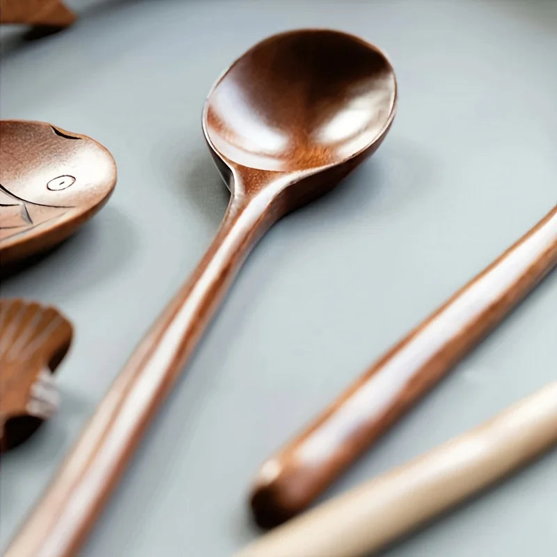 One multi-functional long handle wooden spoon, wooden spoon soup spoon Dim sum spoon coffee spoon mixing spoon, Japanese kitchen appliance, suitable for serving, cooking and baking in kitchens, restaurants, camping and picnic