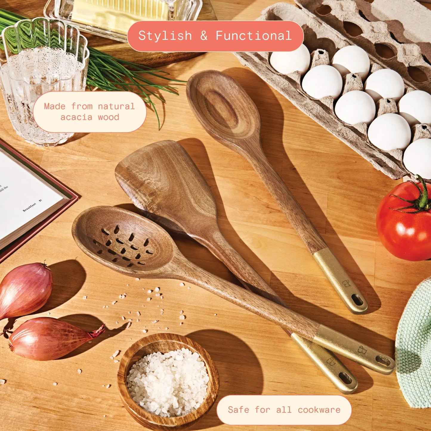 3-Piece Wooden Kitchen Utensil Set for Cooking and Baking