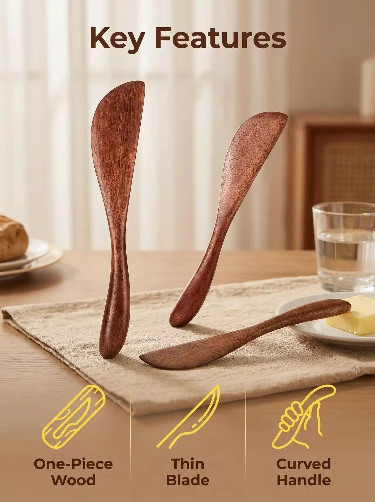1Pcs Premium Natural Wooden Butter Knife, Smooth Edge Multipurpose Spreader for Cheese, Jam & Peanut Butter, Kitchen Utensil for Bread, Toast, Desserts & Sandwiches