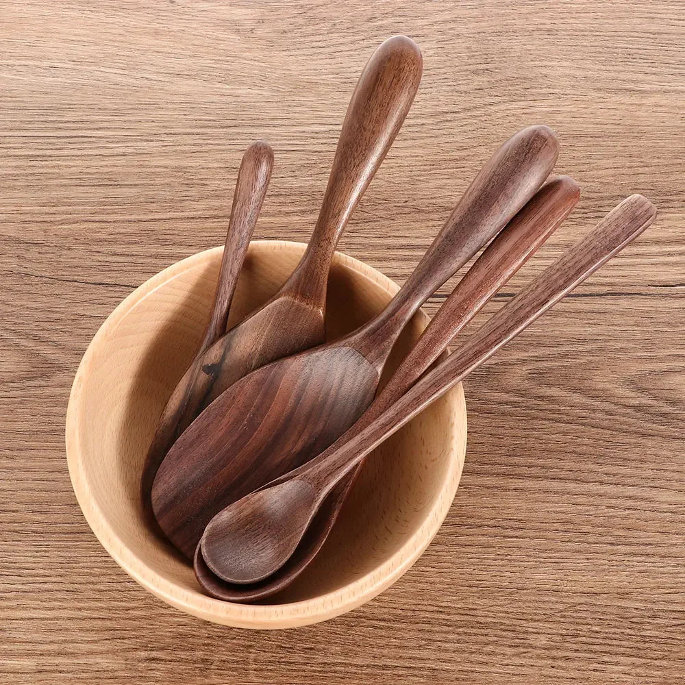 Japanese Style Black Walnut Wooden Dessert Spoon Tableware Coffee Honey Spoons Stir Long Scoop Soup Rice Spoon Kitchen Supplies