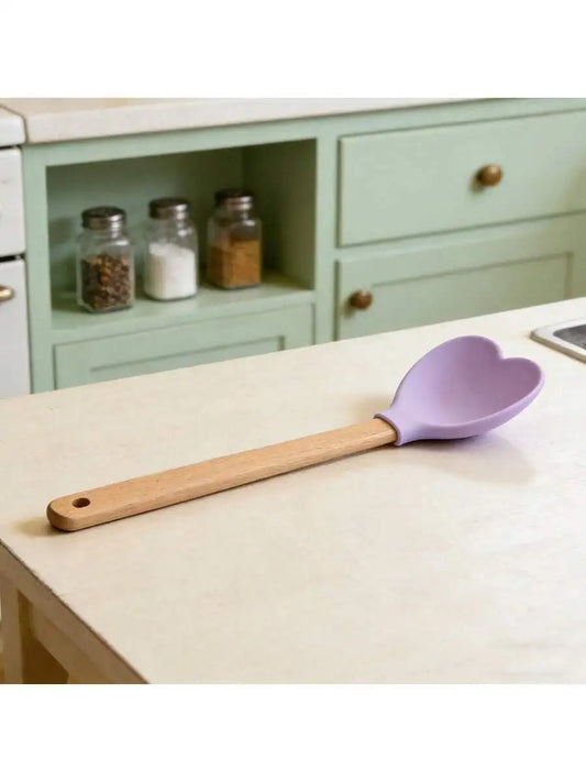 Heart Shaped Wooden Spatula Silicone Head Kitchen Utensil For Mixing Cooking Baking Stirring