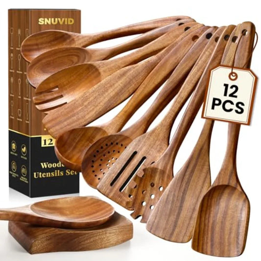 Wooden Spoons for Cooking, 12 Pcs Teak Wood Kitchen Utensils Set with Spoon Rest - Nonstick Heat Resistant Wooden Cooking Utens