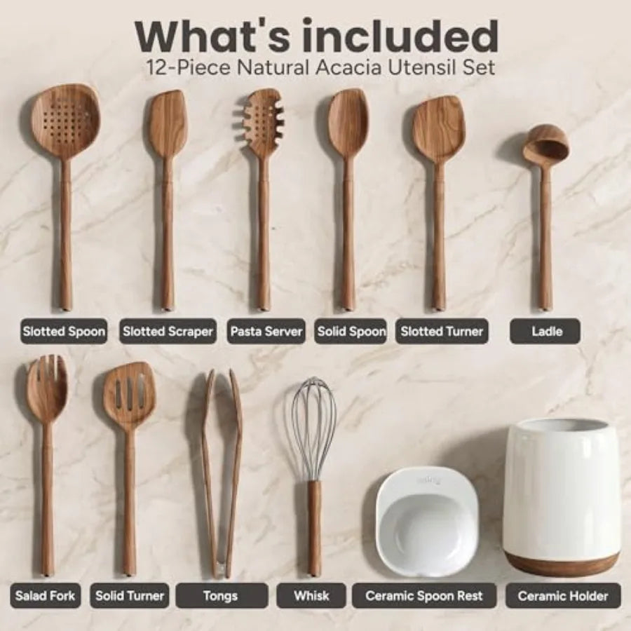 Wooden Spoons for Cooking - 12-Piece Premium Wood Utensil Set with Ceramic Holder and Spoon Rest, Non-Scratch Cooking Utensils