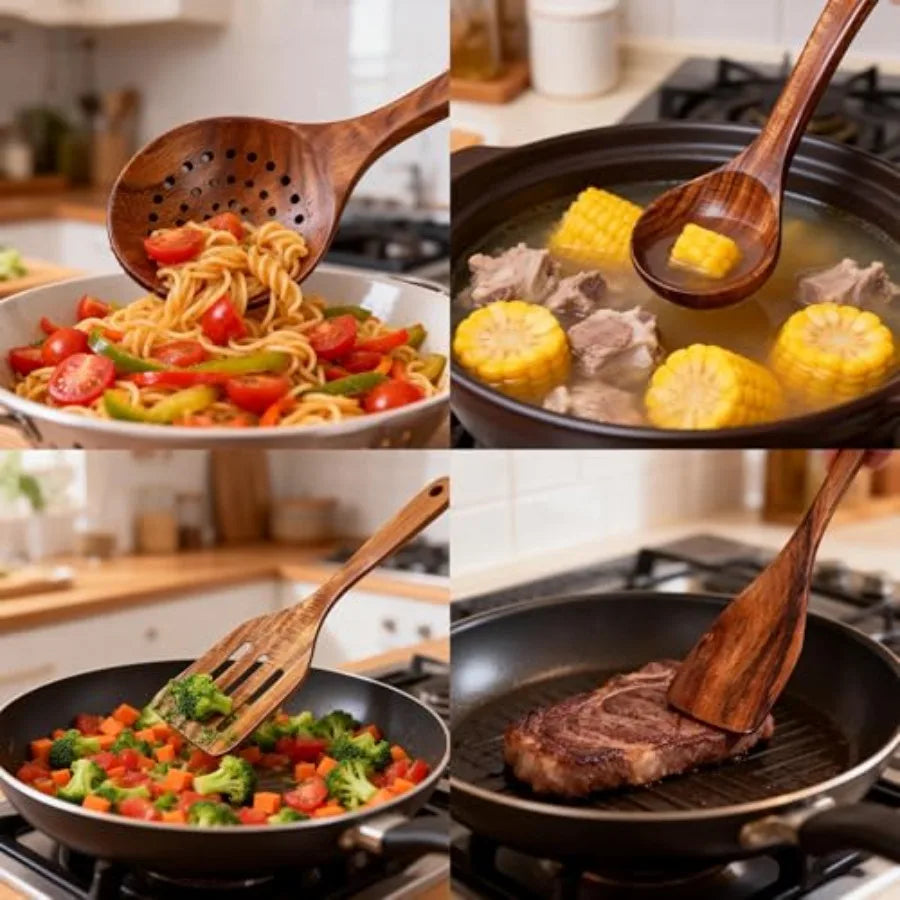 Premium Teak Wood Cooking Utensils Set - 10 Piece Natural Wooden Spoons for Cooking Heat Resistant and Non-Scratch Kitchen Tool
