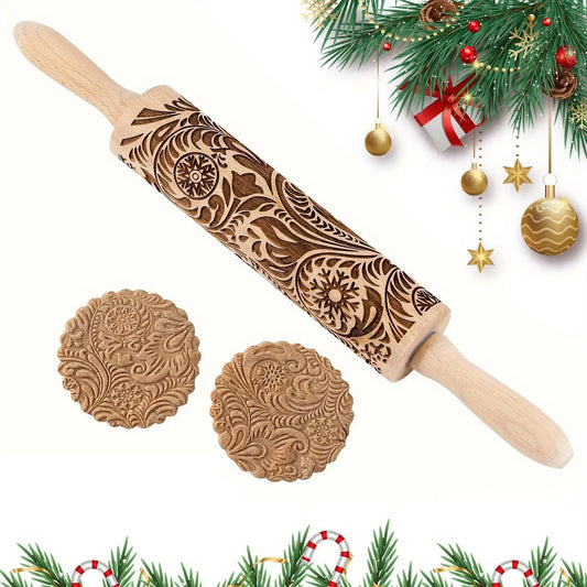 Engraved Floral Embossed Baking Rolling Pin - Baking Supplies, Kitchen Accessories, Kitchen Bakeware Utensil, Embossed Cookie Tool, Mom Birthday Gift (1 Piece)