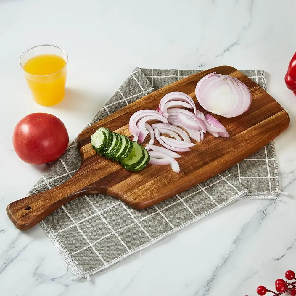 17x7 Inch Wooden Cutting and Cheese Board with Handle - Decorative Serving Platter for Kitchen and Charcuterie