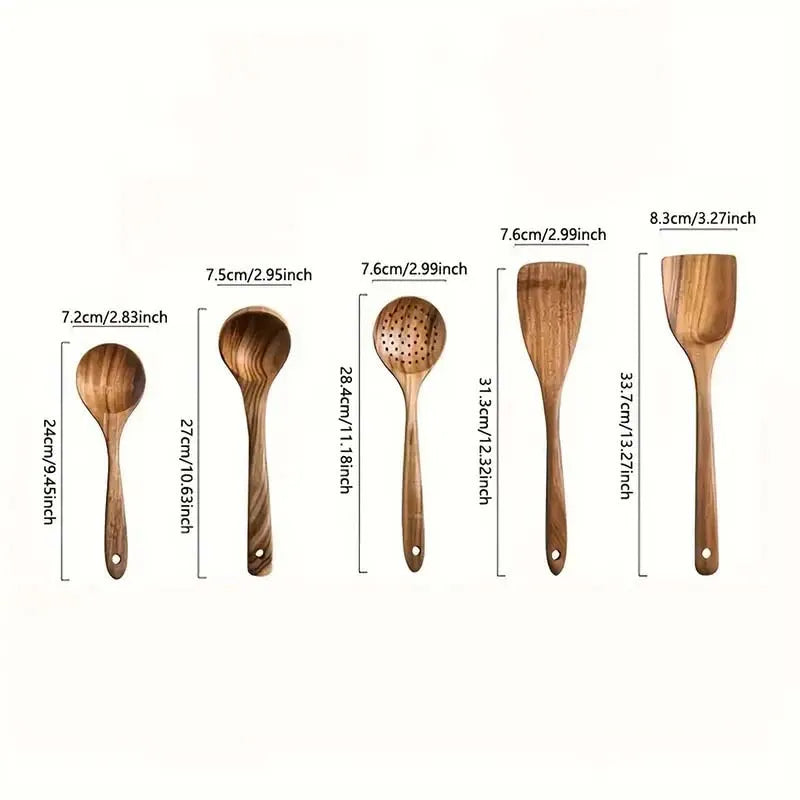 5pcs Wooden Cooking Utensil Set, Non-Scratch Spatulas/Spoons/Ladle, Kitchen Cookware Tools