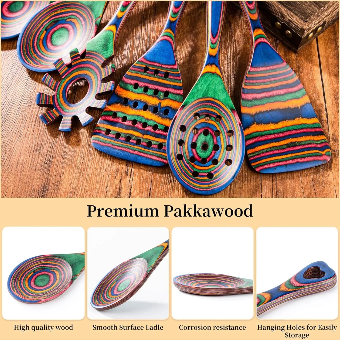 Pakkawood 7-Piece Wooden Cooking Utensils Set, Non-Stick Safe Spoons for Kitchen, Heat-Resistant & Durable