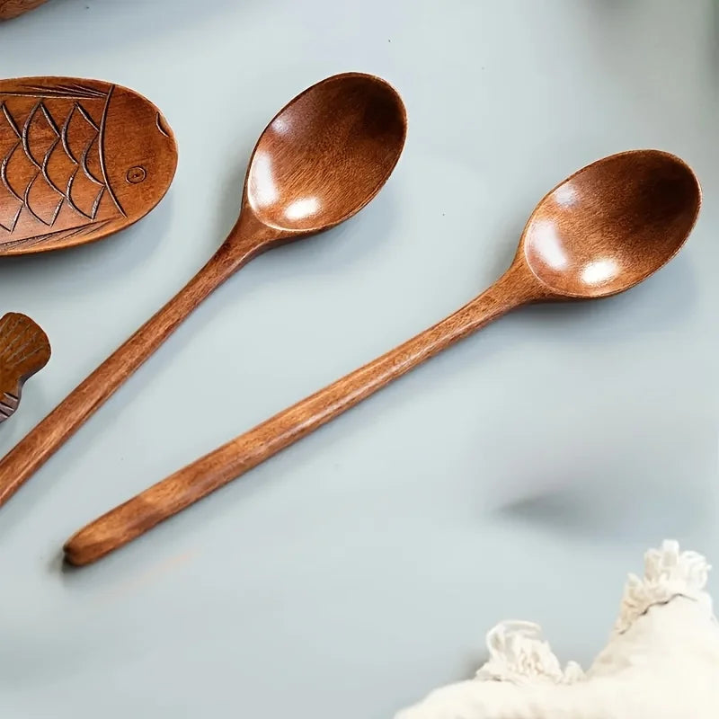 One multi-functional long handle wooden spoon, wooden spoon soup spoon Dim sum spoon coffee spoon mixing spoon, Japanese kitchen appliance, suitable for serving, cooking and baking in kitchens, restaurants, camping and picnic