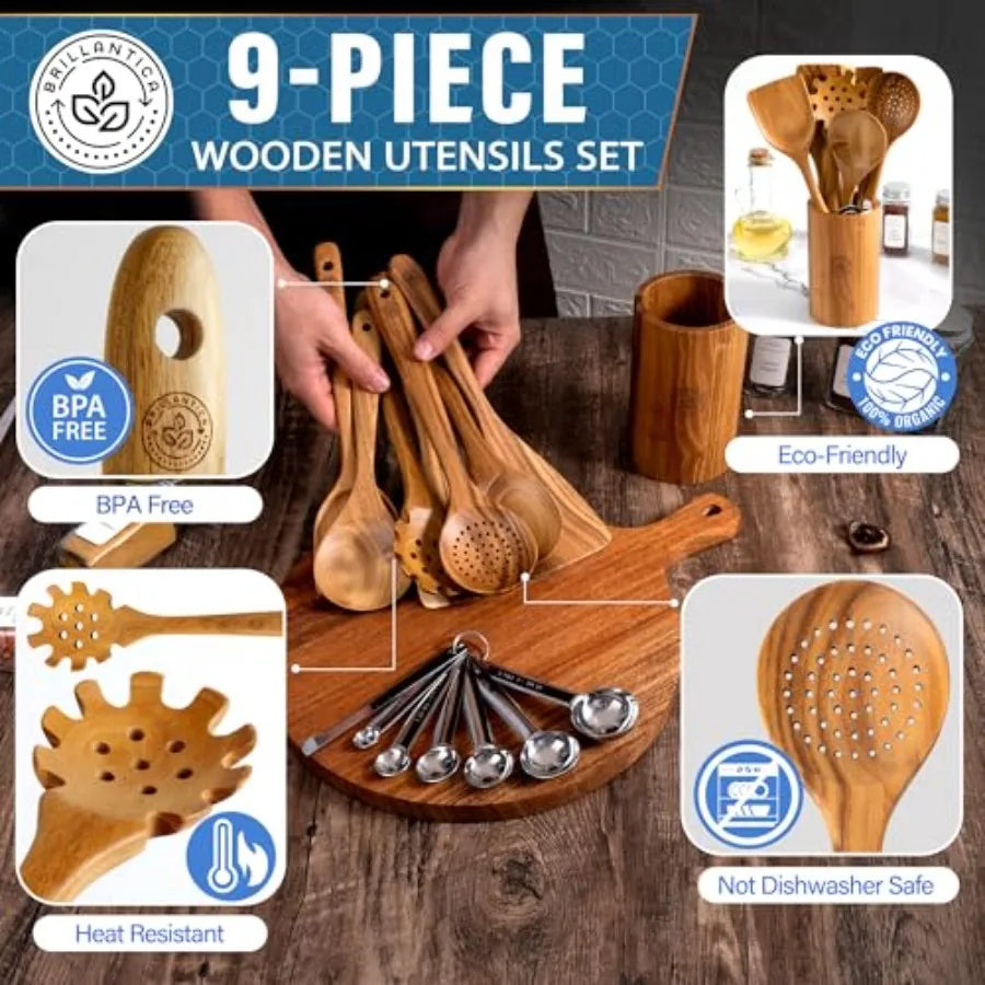 Complete -Piece Wooden Kitchen Utensil Set with Holder and Stainless Steel Measuring Spoons - Non-Toxic Wood Spatulas for Cooki