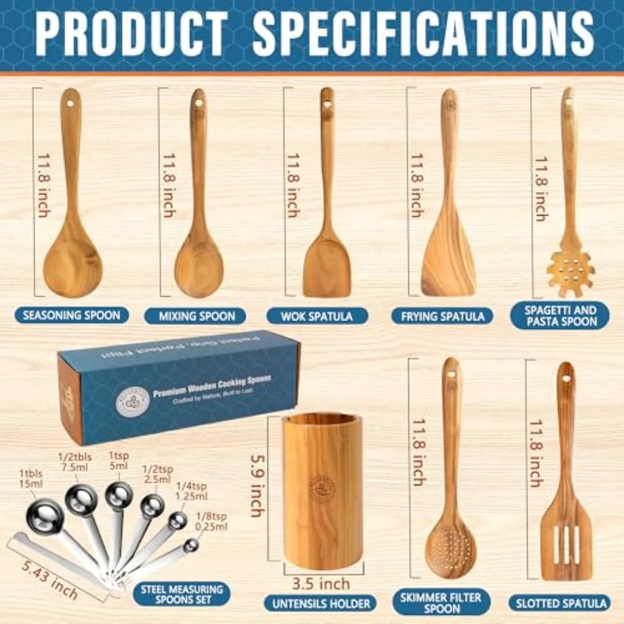 Complete -Piece Wooden Kitchen Utensil Set with Holder and Stainless Steel Measuring Spoons - Non-Toxic Wood Spatulas for Cooki