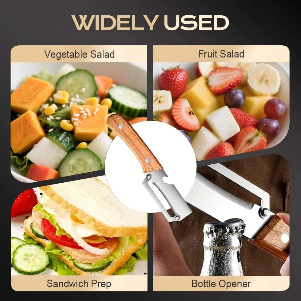 2 pcs Multifunctional Vegetable Peeler with Wooden Handle, 2-in-1 Stainless Steel Peeler with Built-in Bottle Opener, Ergonomic Peelers for Kitchen, Sharp Vegetable Peeler for Potato, Carrot & Fruit