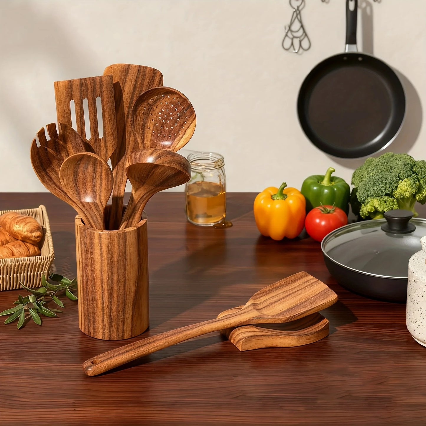 Wooden Kitchen Utensil Set 5-Piece, Non-Toxic Wood Cooking Tools for Non-Stick Pans, Heat & Corrosion Resistant Spoon Spatula – For Women Men Home Chef gift