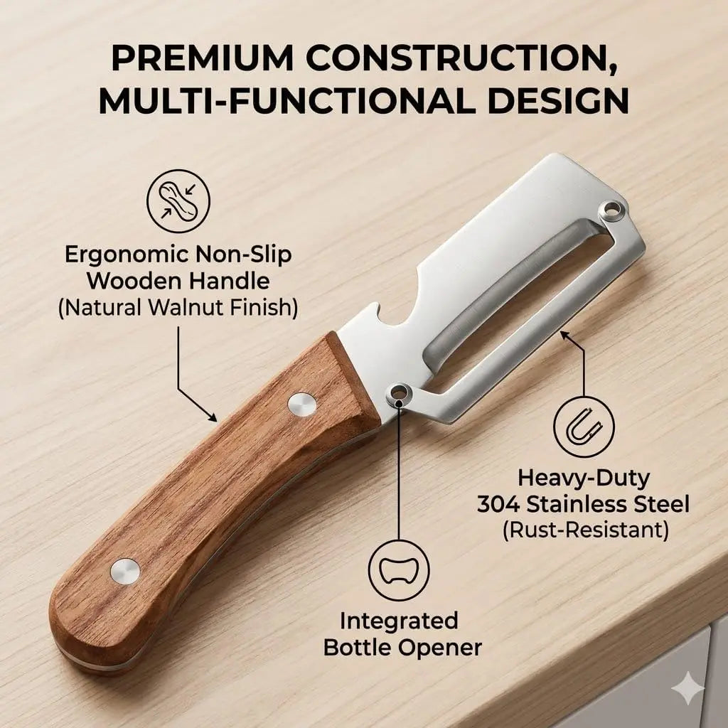 2 pcs Multifunctional Vegetable Peeler with Wooden Handle, 2-in-1 Stainless Steel Peeler with Built-in Bottle Opener, Ergonomic Peelers for Kitchen, Sharp Vegetable Peeler for Potato, Carrot & Fruit