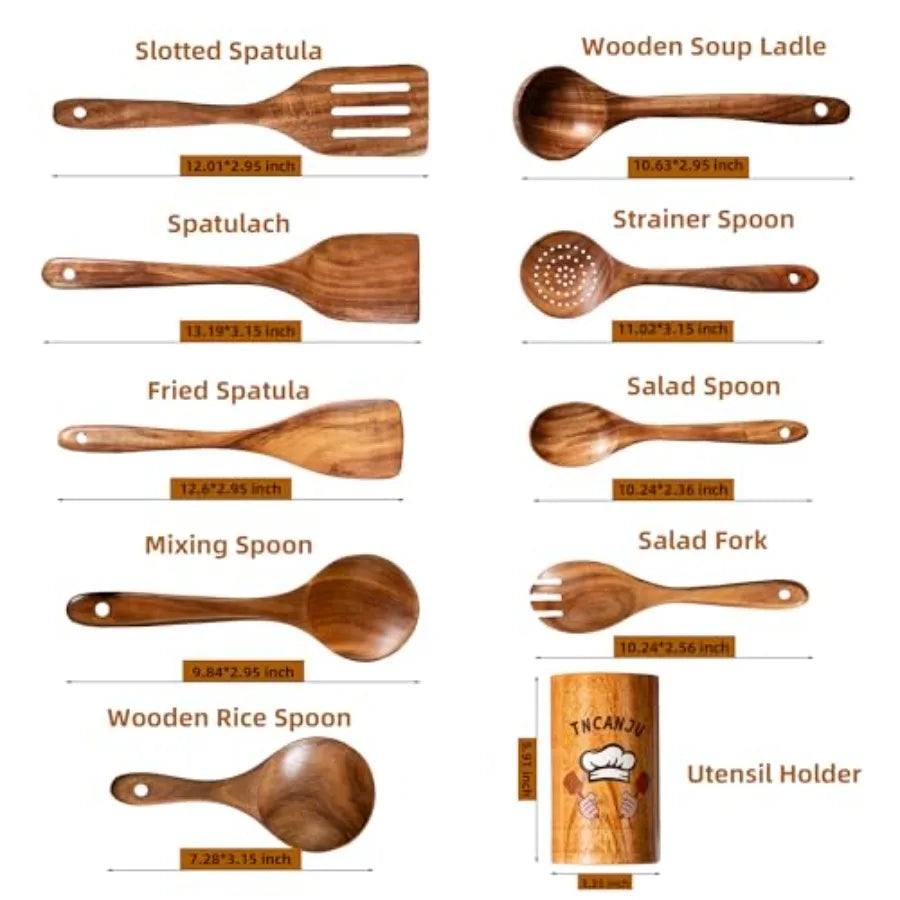 Premium Teak Wood Cooking Utensils Set - 10 Piece Natural Wooden Spoons for Cooking Heat Resistant and Non-Scratch Kitchen Tool