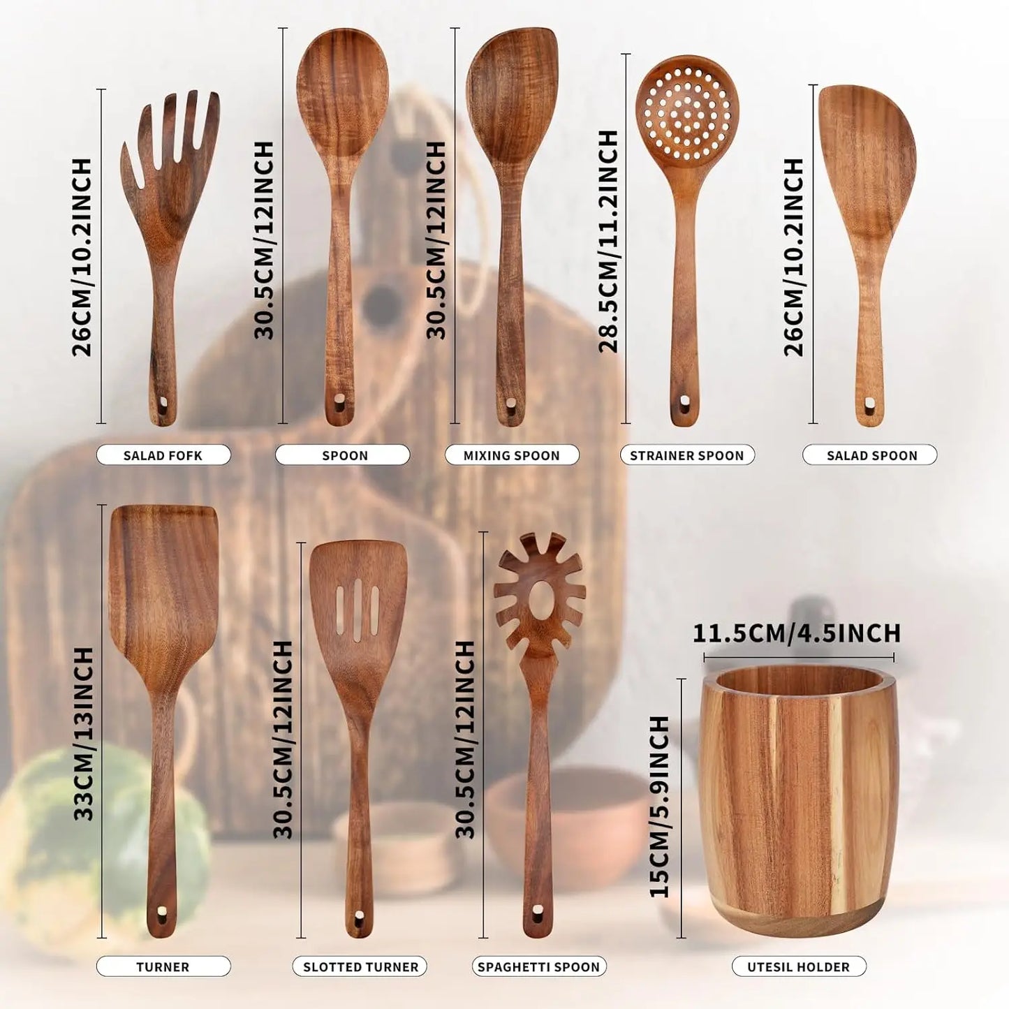 9 Pcs Kitchen Utensils Set - Natural Teak Wood Spoons for Cooking, Handmade Wooden Spoon Set with Spatula