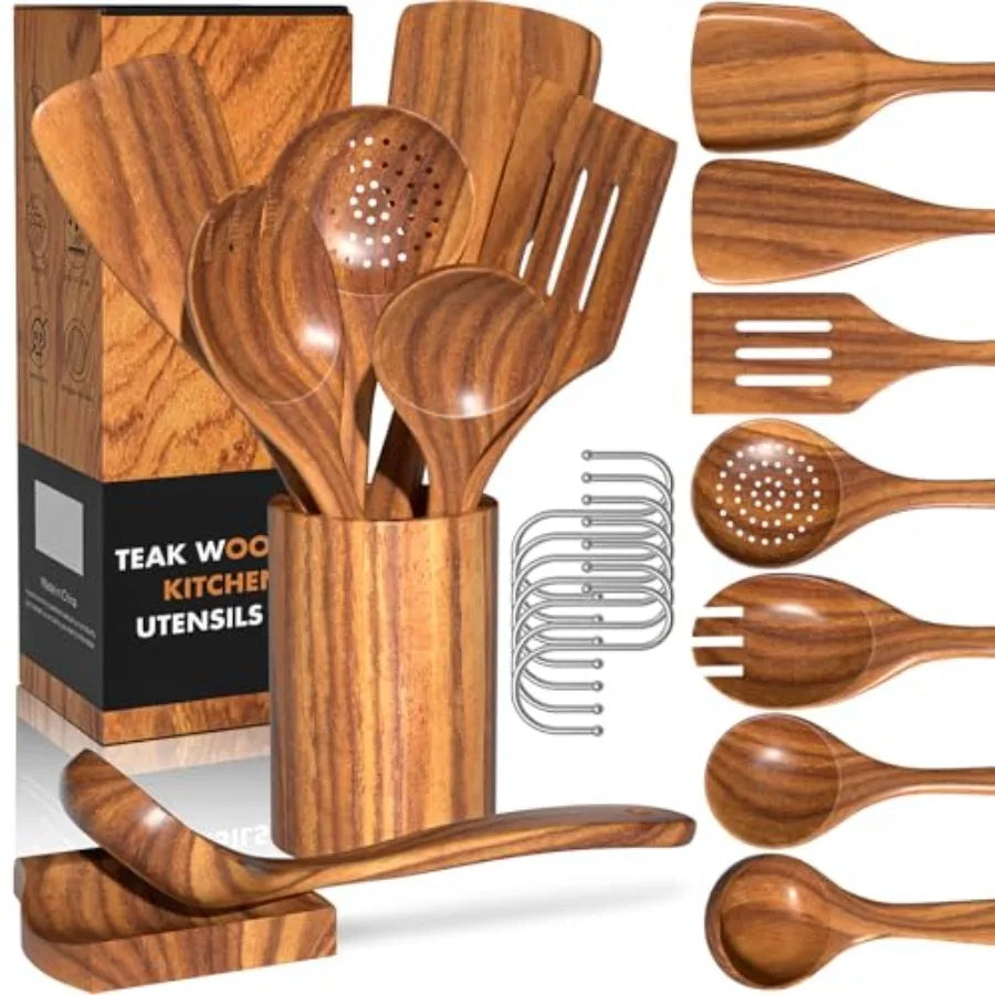 Natural Teak Kitchen Cooking Utensil Set with Holder Wooden Spoons for Cooking 10PCS Cooking Spatulas Set with Spoon Rest Woode