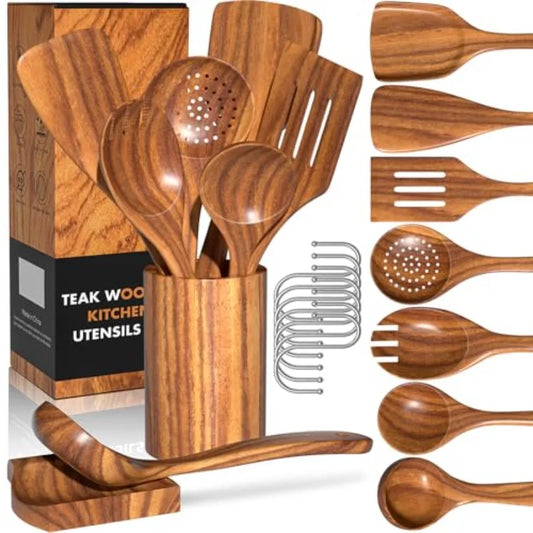 Natural Teak Kitchen Cooking Utensil Set with Holder Wooden Spoons for Cooking 10PCS Cooking Spatulas Set with Spoon Rest Woode