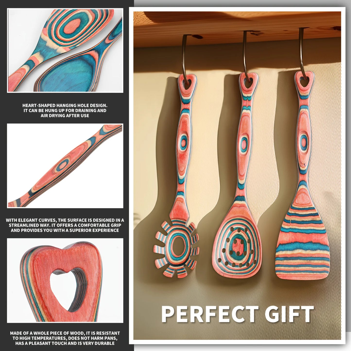 Set of 7 Cooking Utensils Made from Pakkawood, Includes Wooden Spoons for Culinary Use, Features Pinkish-Orange Pakkawood Spoons, Non-Stick Cooking Tools, Kitchen Utensils Crafted from Pakkawood