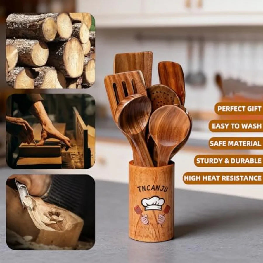 Premium Teak Wood Cooking Utensils Set - 10 Piece Natural Wooden Spoons for Cooking Heat Resistant and Non-Scratch Kitchen Tool