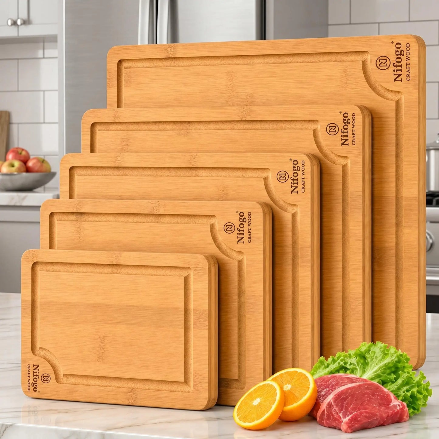 3-5 Pack Bamboo Cutting Boards with Juice Groove, Multipurpose Thick Wooden Kitchen Chopping Board Set for Meat Vegetables Fruit, Heavy Duty Natural Bamboo Serving Tray with Handle Cutouts