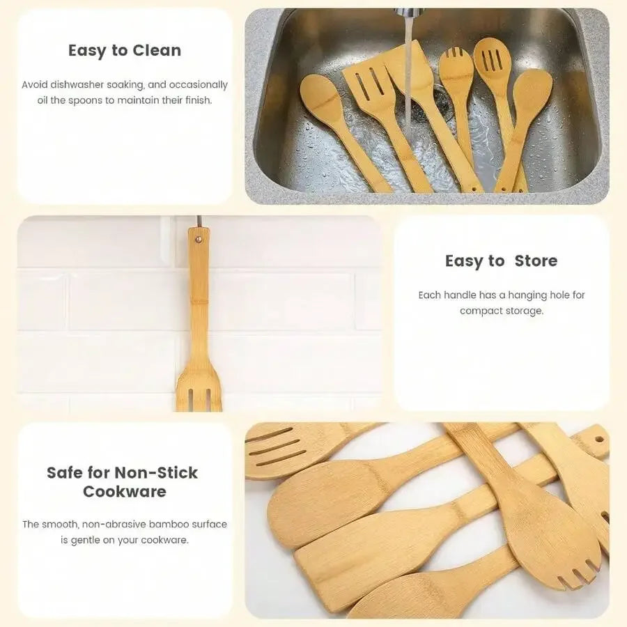 6-Piece Bamboo Cooking Utensil Set Wooden Spoons Spatulas Kitchen Tools