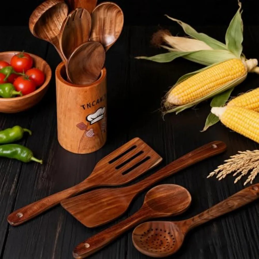 Premium Teak Wood Cooking Utensils Set - 10 Piece Natural Wooden Spoons for Cooking Heat Resistant and Non-Scratch Kitchen Tool