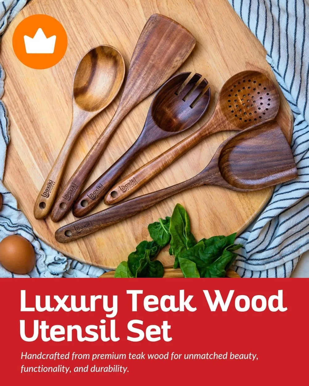 Teak Wood Utensil Set - 6-Piece Cooking Ensemble with Spoons, Server, Scraper & Spatula - Expertly Crafted for Culinary Excellence