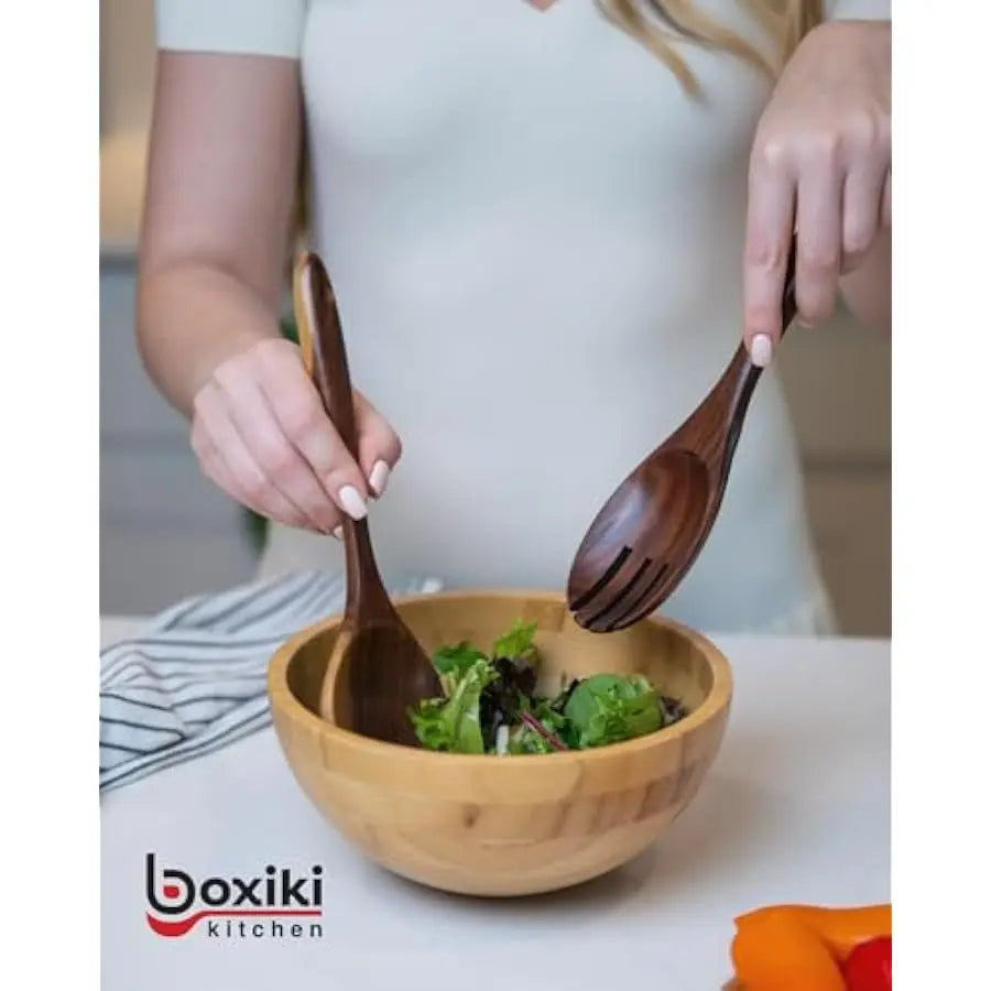 Boxiki Kitchen Luxury Teak Wood Utensil Set - Elegant 6-Piece Cooking Ensemble Including Spoons, Server, Scraper & Spatula - Exp