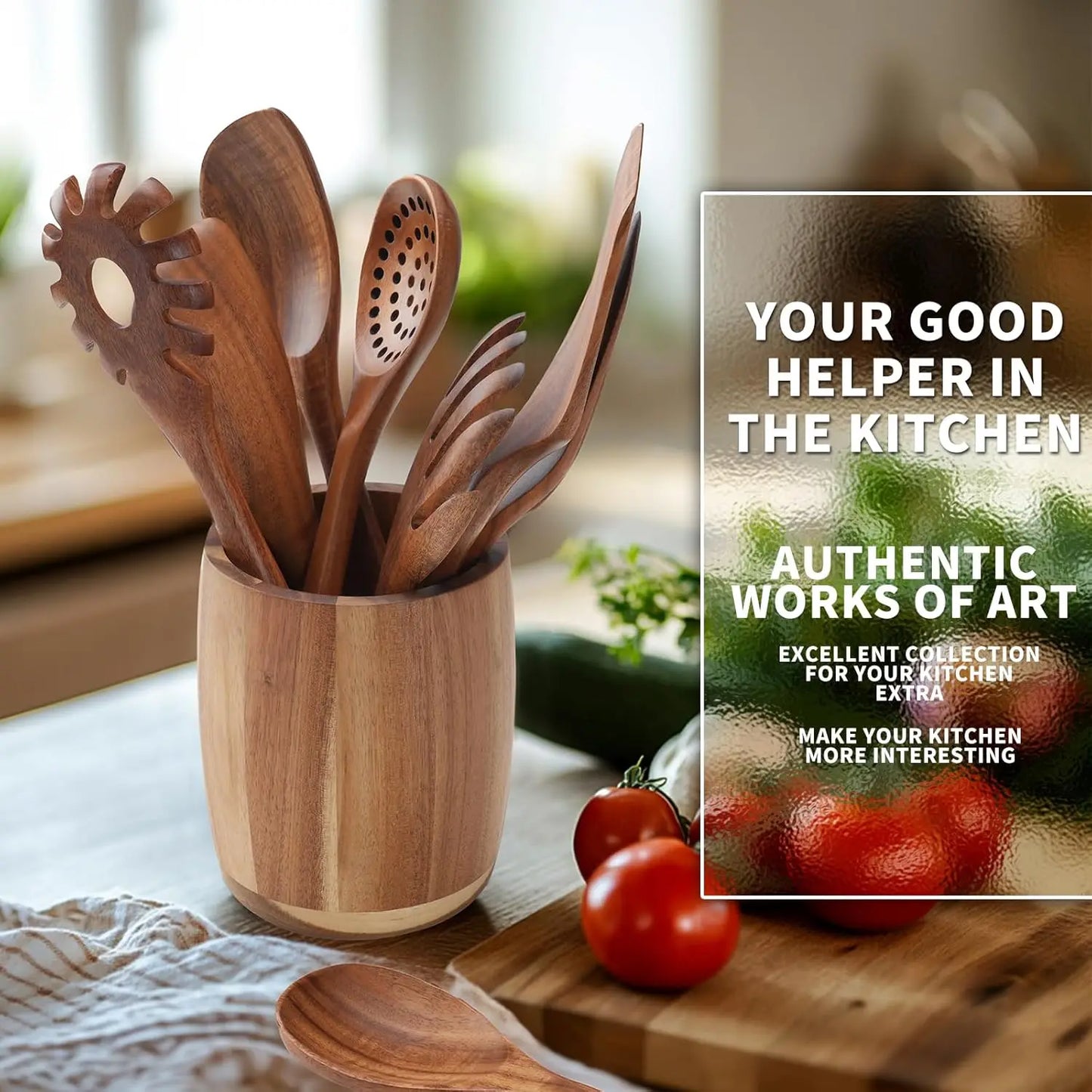 9 Pcs Kitchen Utensils Set - Natural Teak Wood Spoons for Cooking, Handmade Wooden Spoon Set with Spatula