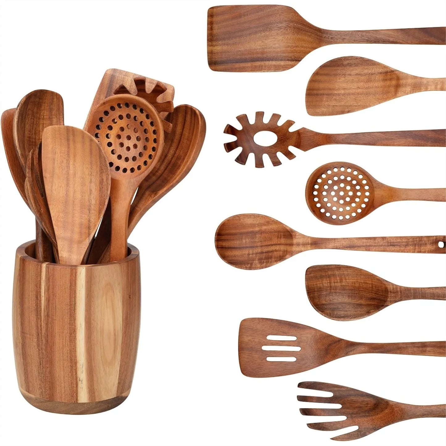 9 Pcs Kitchen Utensils Set - Natural Teak Wood Spoons for Cooking, Handmade Wooden Spoon Set with Spatula