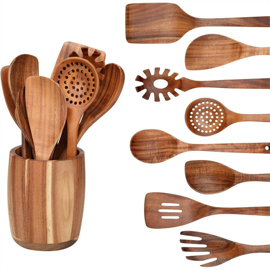 9 Pcs Kitchen Utensils Set - Natural Teak Wood Spoons for Cooking, Handmade Wooden Spoon Set with Spatula