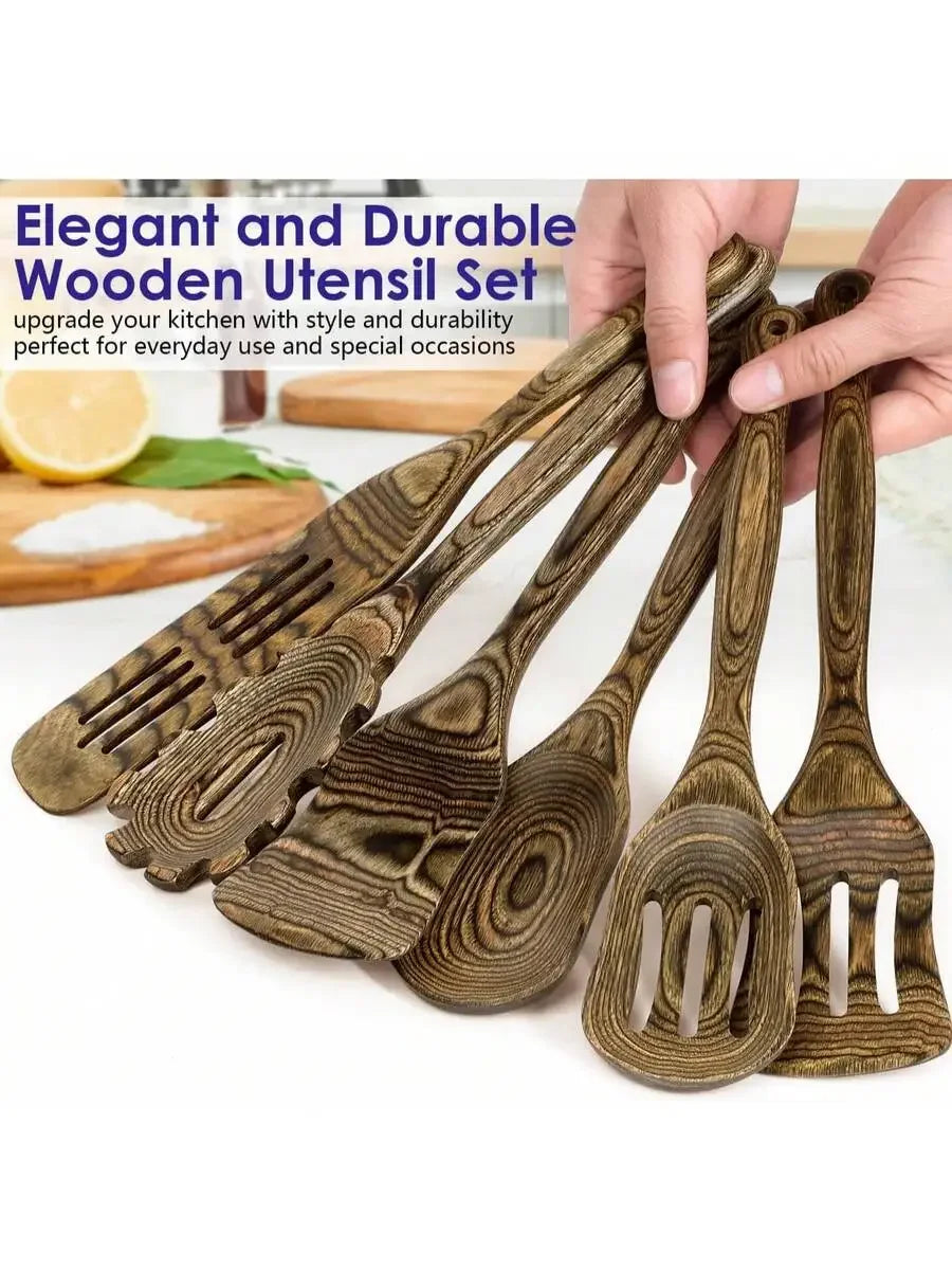 Kitchen Utensils Set Wooden, Pakkawood Cooking Spoon Set Slotted Spatula Cookware Wooden Turner Utensil Tools Spaghetti Spoon Fi