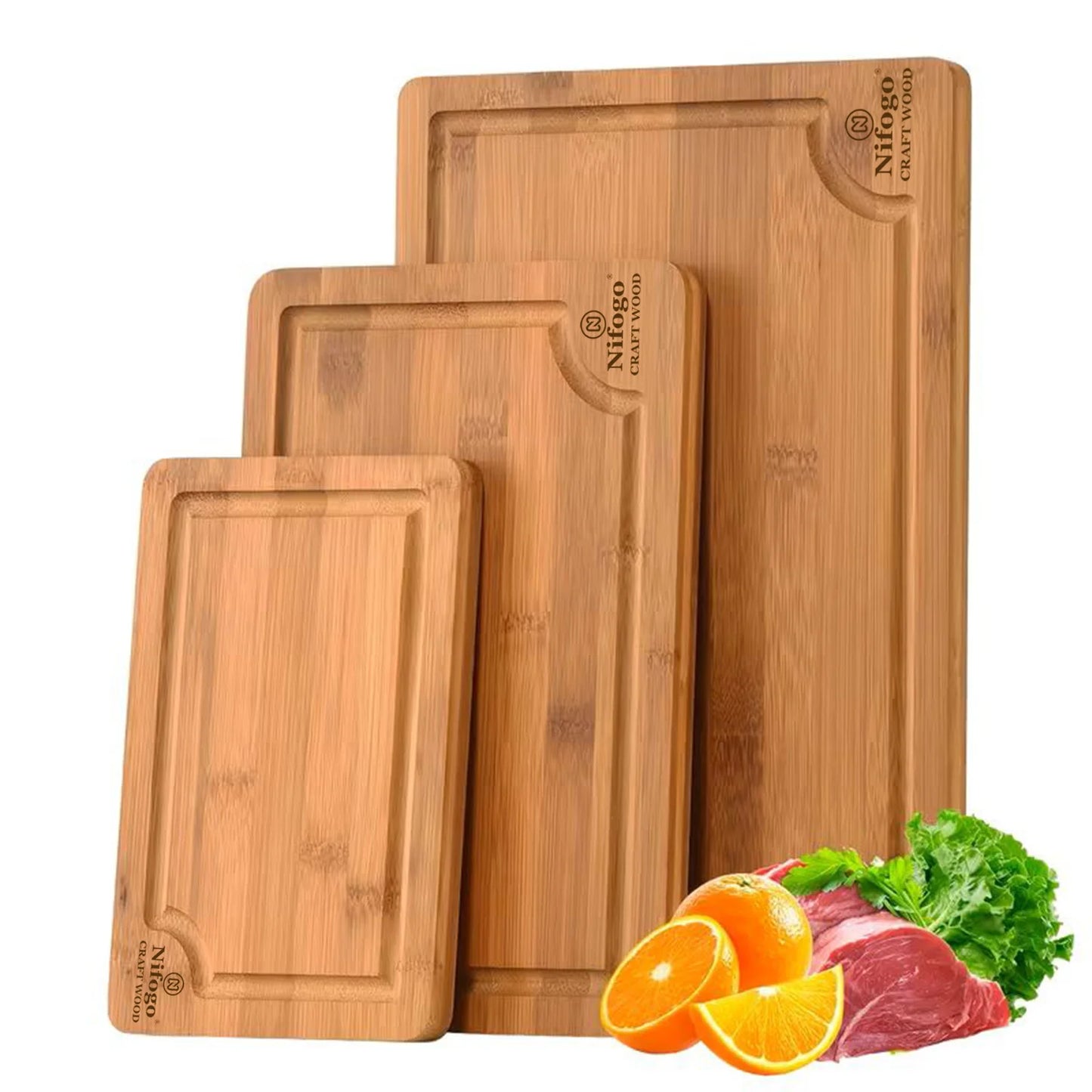 3/5 Pack Bamboo Cutting Boards Set with Juice Groove, Natural Solid Bamboo Kitchen Chopping Boards for Meat Vegetables Fruit, Three Size Heavy Duty Wooden Cooking Prep Boards
