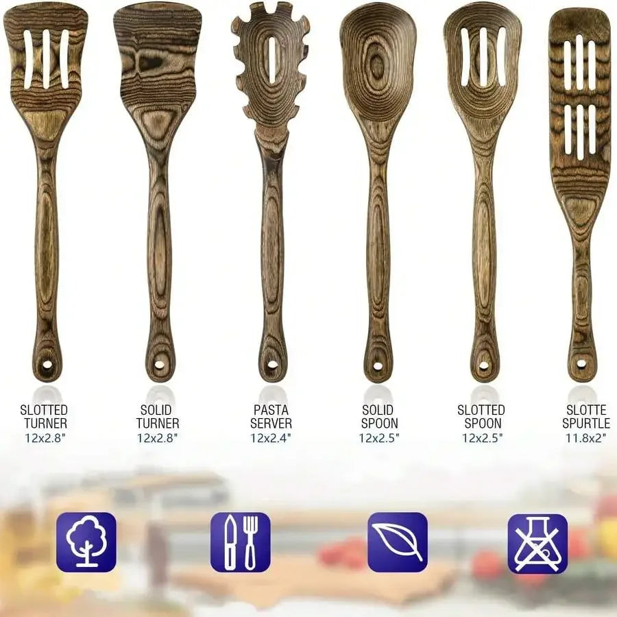 Kitchen Utensils Set Wooden, Pakkawood Cooking Spoon Set Slotted Spatula Cookware Wooden Turner Utensil Tools Spaghetti Spoon Fi