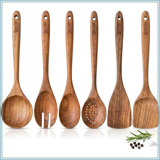 Teak Wood Utensil Set - 6-Piece Cooking Ensemble with Spoons, Server, Scraper & Spatula - Expertly Crafted for Culinary Excellence