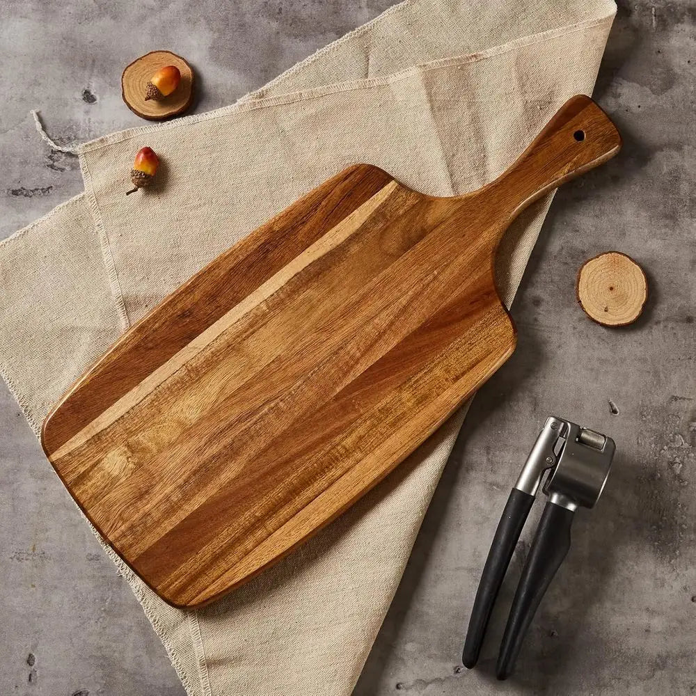 17x7 Inch Wooden Cutting and Cheese Board with Handle - Decorative Serving Platter for Kitchen and Charcuterie