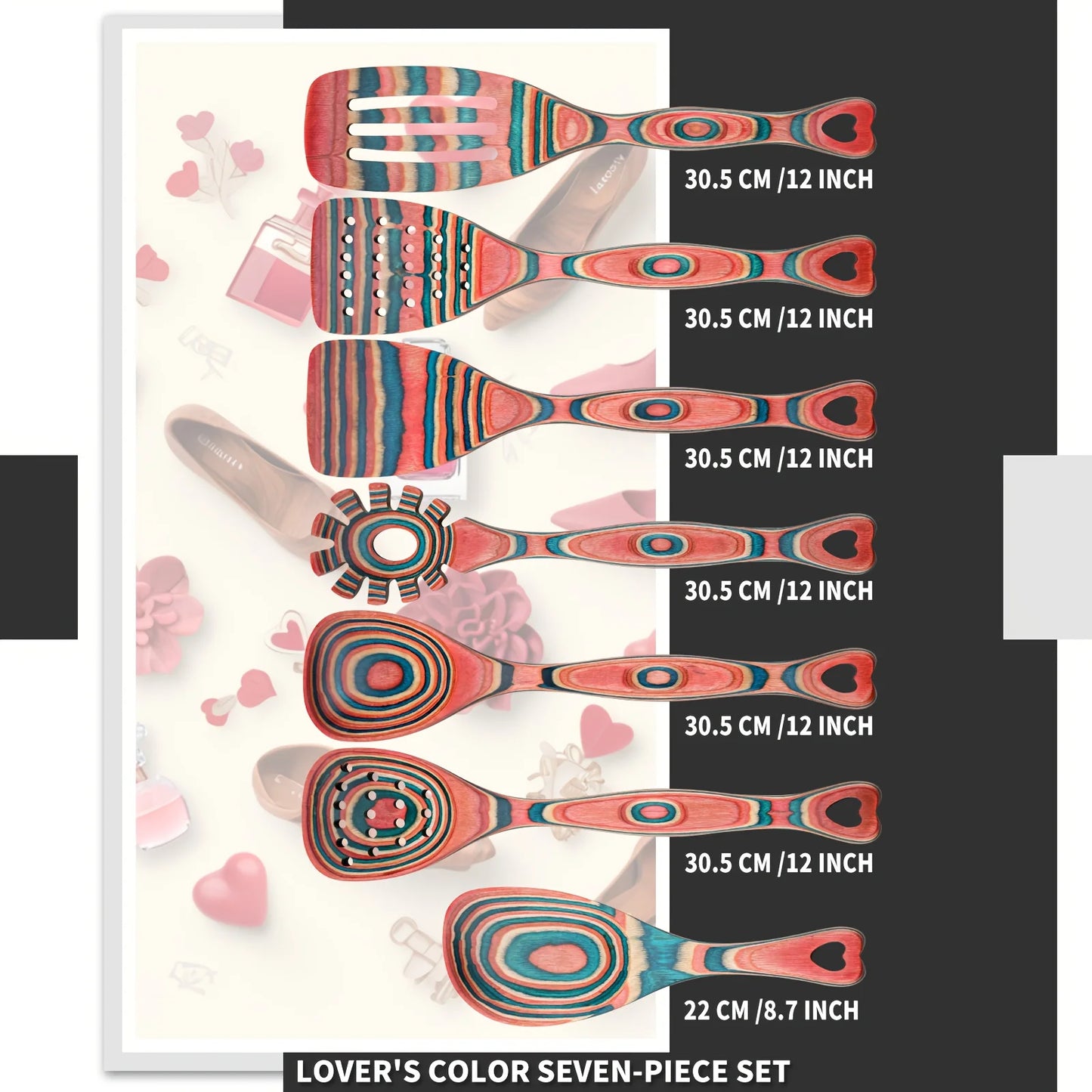 Set of 7 Cooking Utensils Made from Pakkawood, Includes Wooden Spoons for Culinary Use, Features Pinkish-Orange Pakkawood Spoons, Non-Stick Cooking Tools, Kitchen Utensils Crafted from Pakkawood
