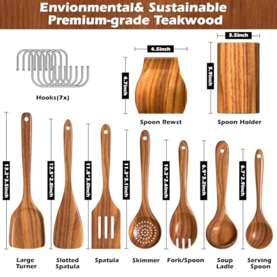 Natural Teak Kitchen Cooking Utensil Set with Holder Wooden Spoons for Cooking 10PCS Cooking Spatulas Set with Spoon Rest Woode
