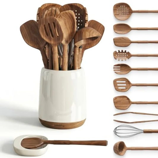 Wooden Spoons for Cooking - 12-Piece Premium Wood Utensil Set with Ceramic Holder and Spoon Rest, Non-Scratch Cooking Utensils