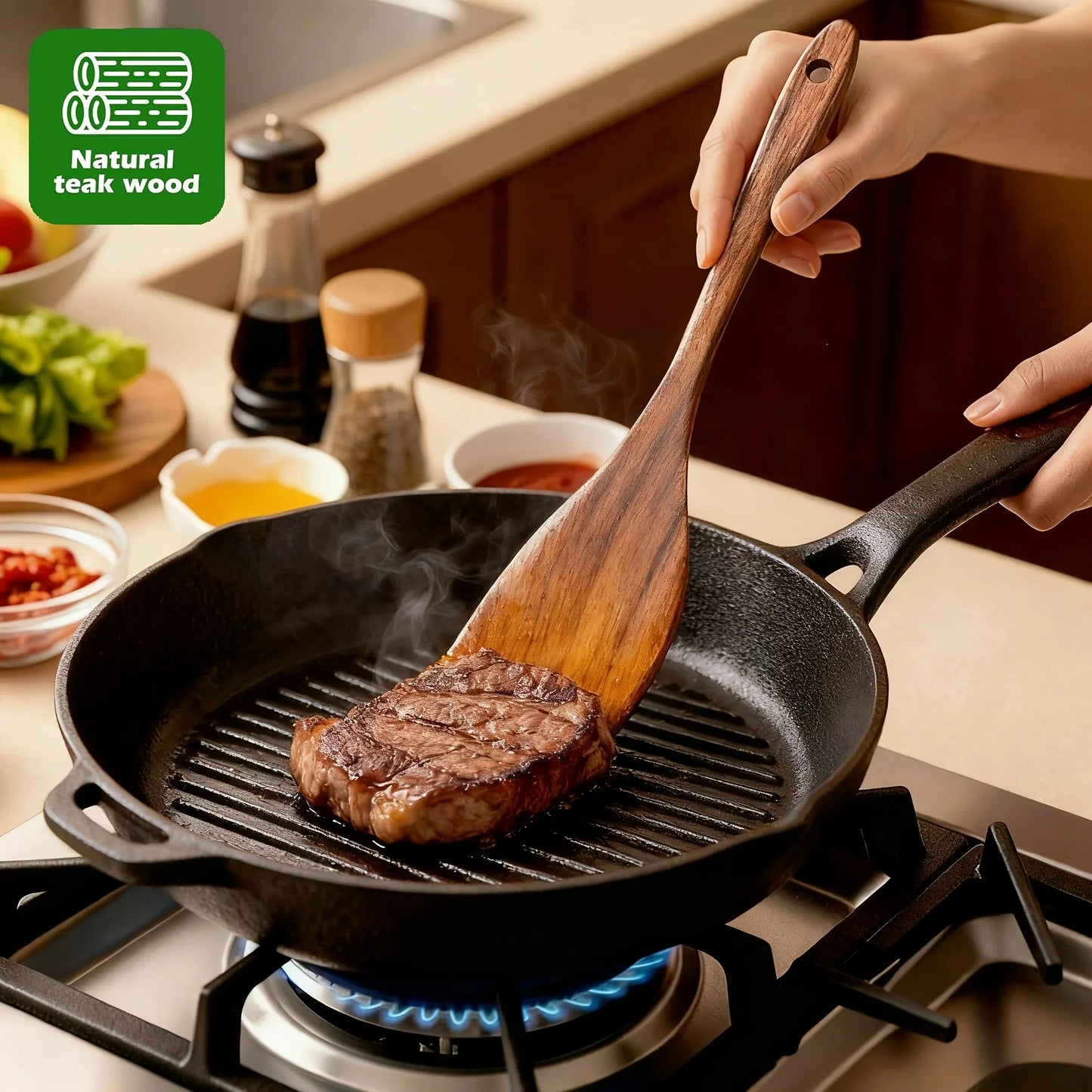 Wooden Kitchen Utensil Set 5-Piece, Non-Toxic Wood Cooking Tools for Non-Stick Pans, Heat & Corrosion Resistant Spoon Spatula – For Women Men Home Chef gift