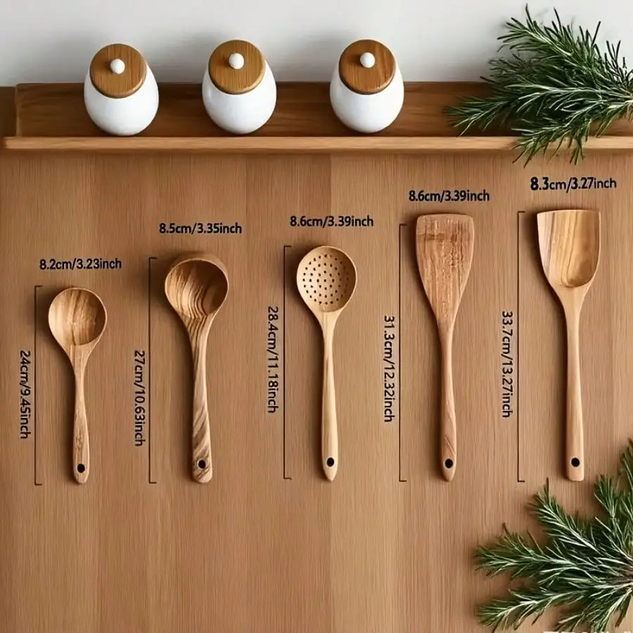 Wooden Kitchen Utensil Set 5-Piece, Non-Toxic Wood Cooking Tools for Non-Stick Pans, Heat & Corrosion Resistant Spoon Spatula – For Women Men Home Chef gift