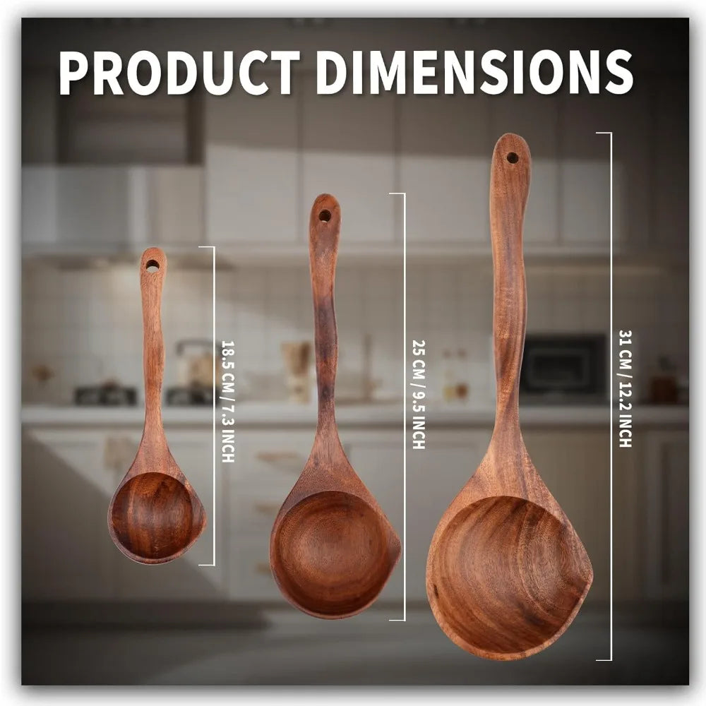 Wooden Ladle Spoon Set, 3 Size Teak Large Soup Ladel Wood Spoons for Cooking Serving Spoon Ladles Wooden Cooking Spoon Long Handle Mixing Spoon Ladle