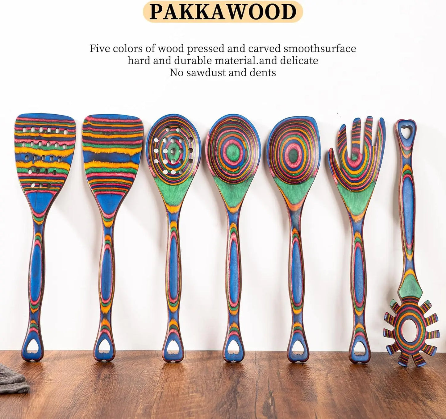 Pakkawood 7-Piece Wooden Cooking Utensils Set, Non-Stick Safe Spoons for Kitchen, Heat-Resistant & Durable