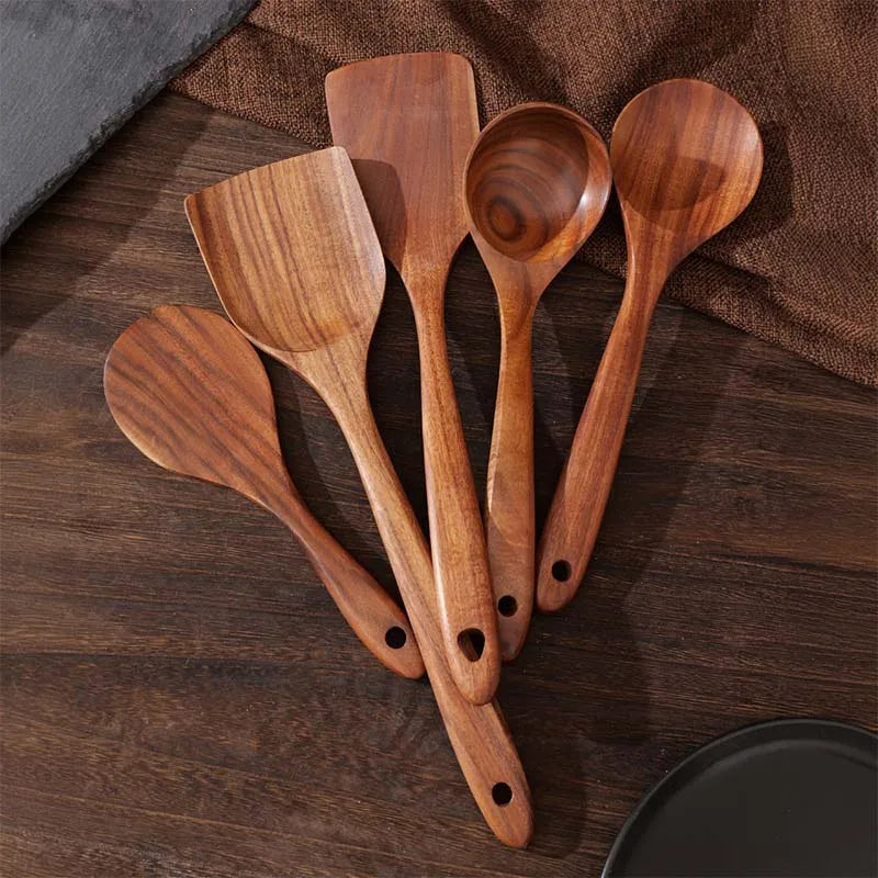 5pcs Wooden Cooking Utensil Set, Non-Scratch Spatulas/Spoons/Ladle, Kitchen Cookware Tools