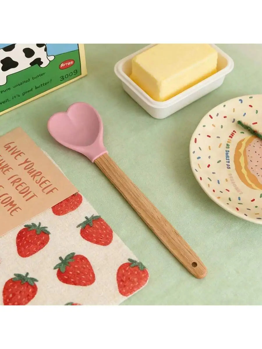 Heart Shaped Wooden Spatula Silicone Head Kitchen Utensil For Mixing Cooking Baking Stirring