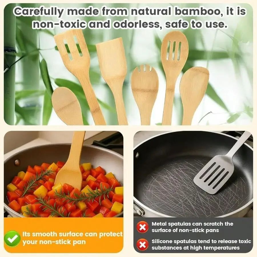 6-Piece Bamboo Cooking Utensil Set Wooden Spoons Spatulas Kitchen Tools