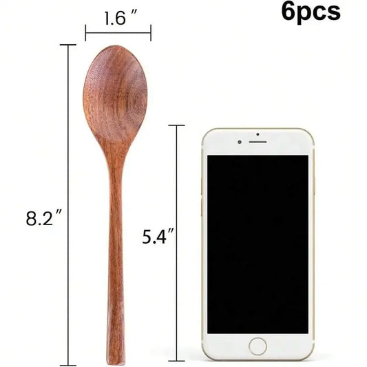 Long Handle Wooden Spoon Set For Soup Stirring Sauce Coffee Daily Use 6 Pieces